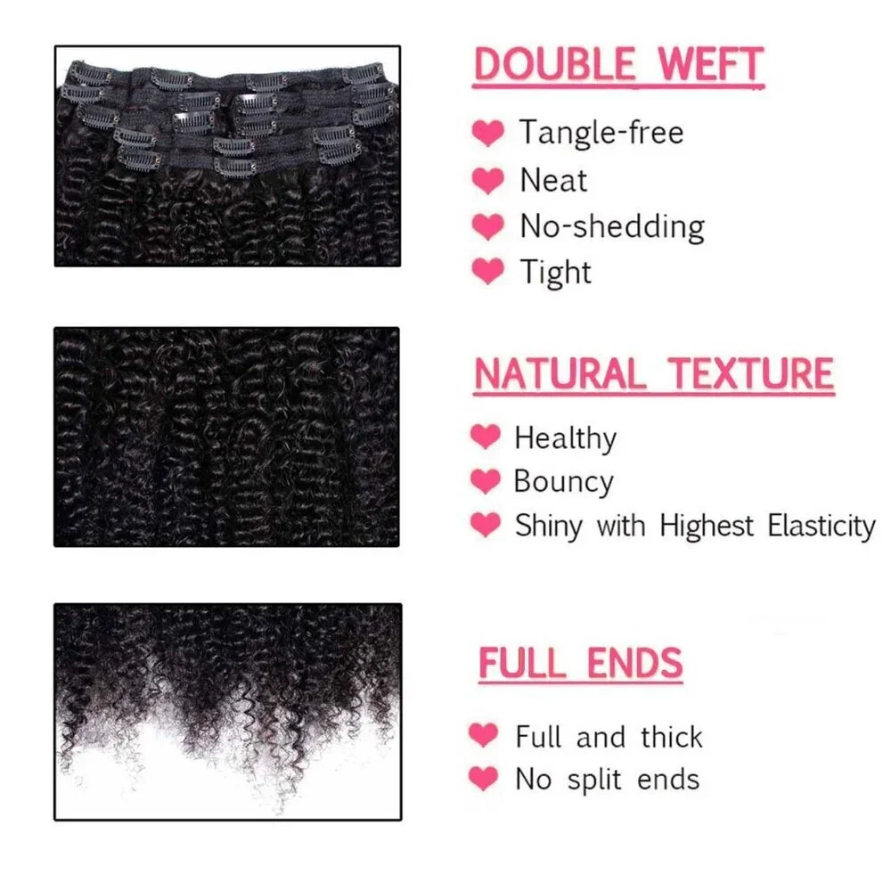 Kinky Curly Clip In Extensions Human Hair 14 Inch Natural Black 7Pcs